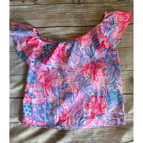 NWT Lilly Pulitzer Zeldie One Shoulder Ruffle Top Pink Isle Snappy Turtle XS - Picture 2 of 8